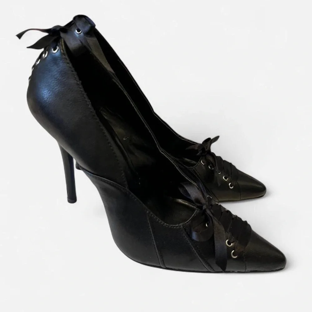 Pleasure Black Lace-Up Corset Gothic Stiletto Heels size 6 - Picture 3 of 8